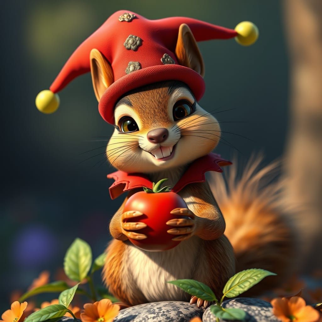 Squirrel Jester with Tomato in 3D Render