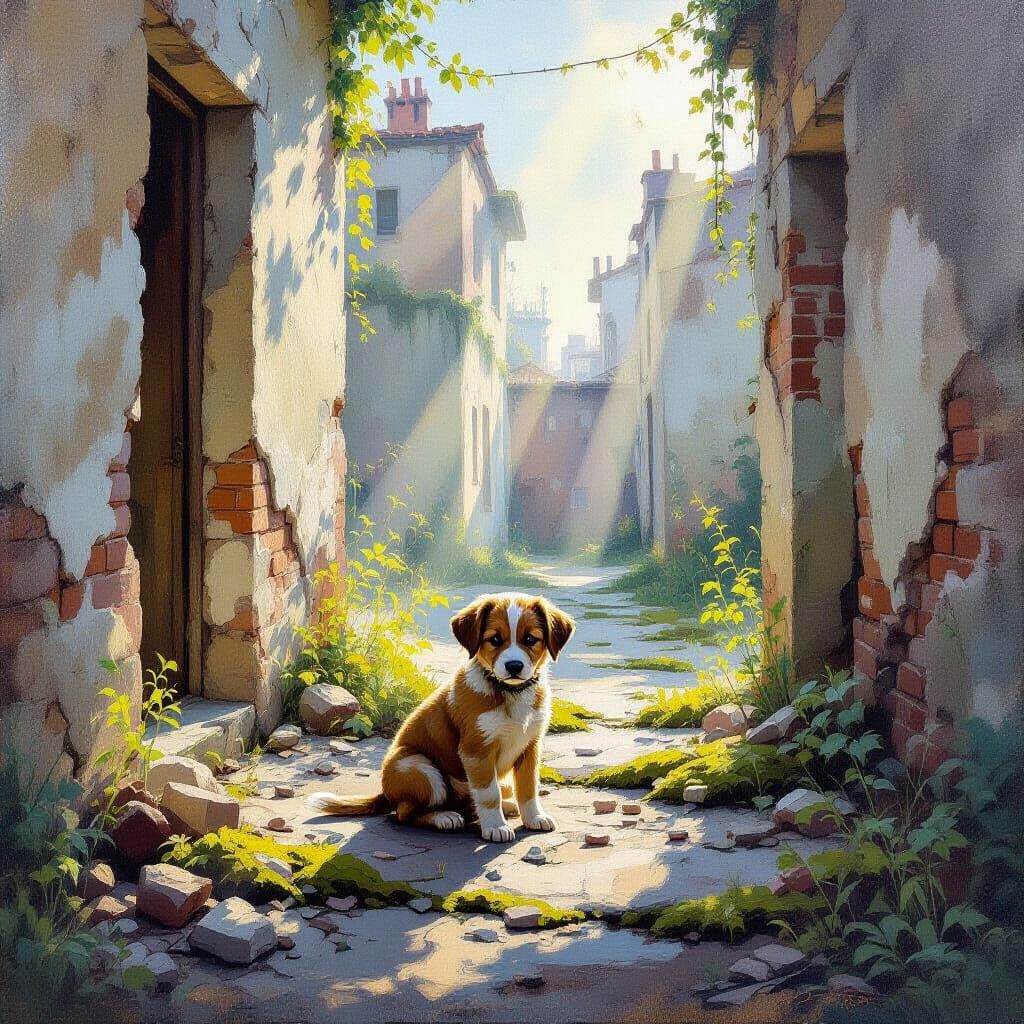 Forgotten Puppy in Overgrown Urban Ruins