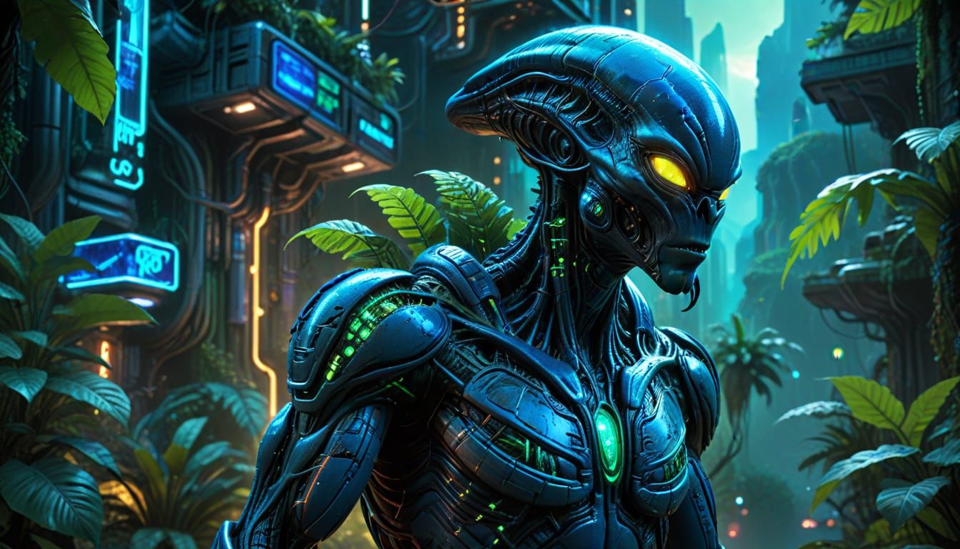 Alien in Jungle City with Neon Circuits