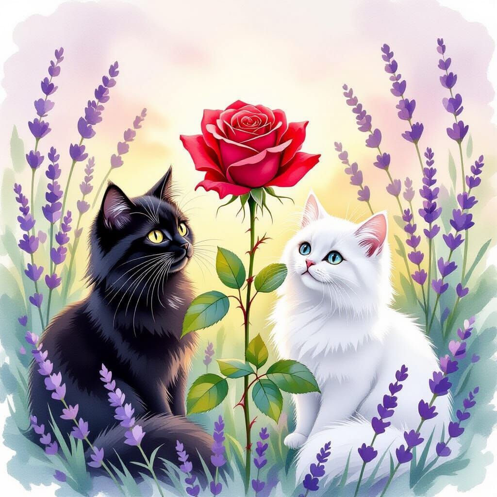Red Rose with Cats in Lavender Field, Watercolor Style