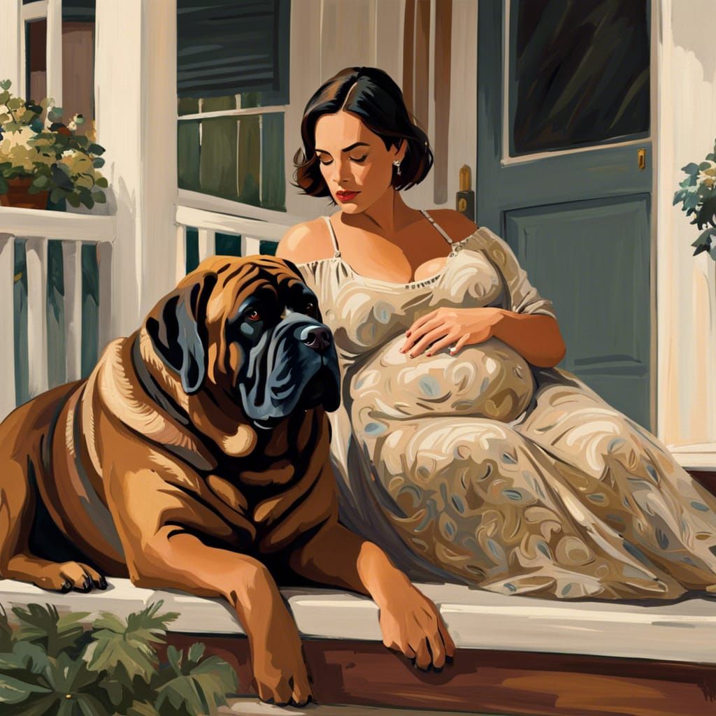 Pregnant Woman and Mastiff in Southern Gothic Style