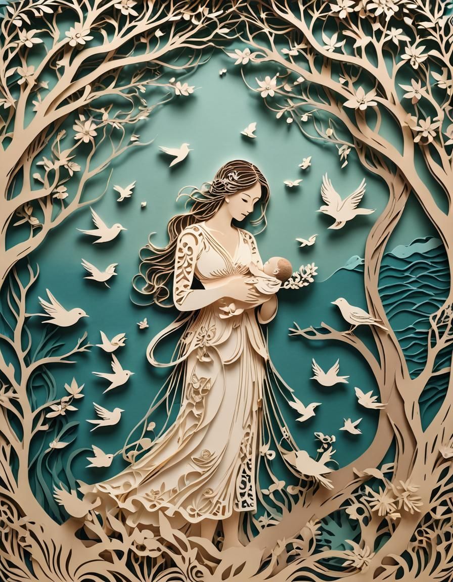 Paper-Cut Tree Mother Feeding Baby with Birds