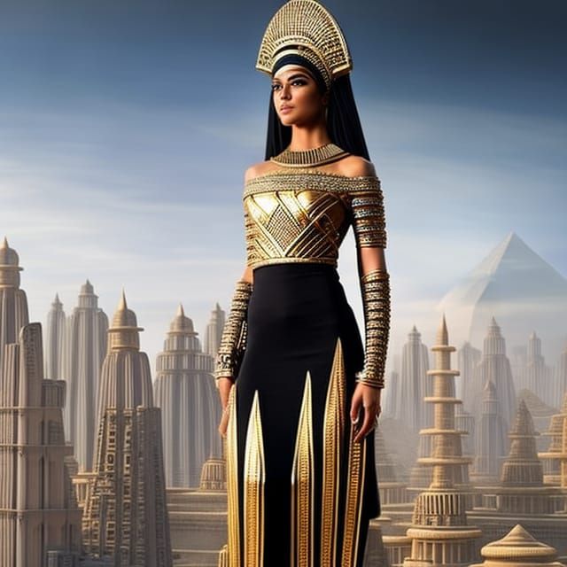 Egyptian Queen in Futuristic Cityscape