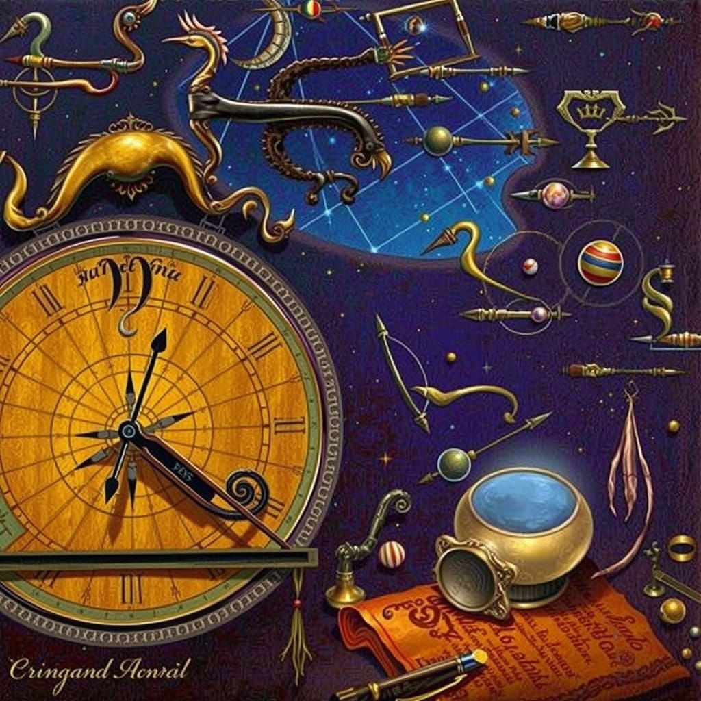 Antique Astrolabe on Table with Scrolls, Oil Painting Style