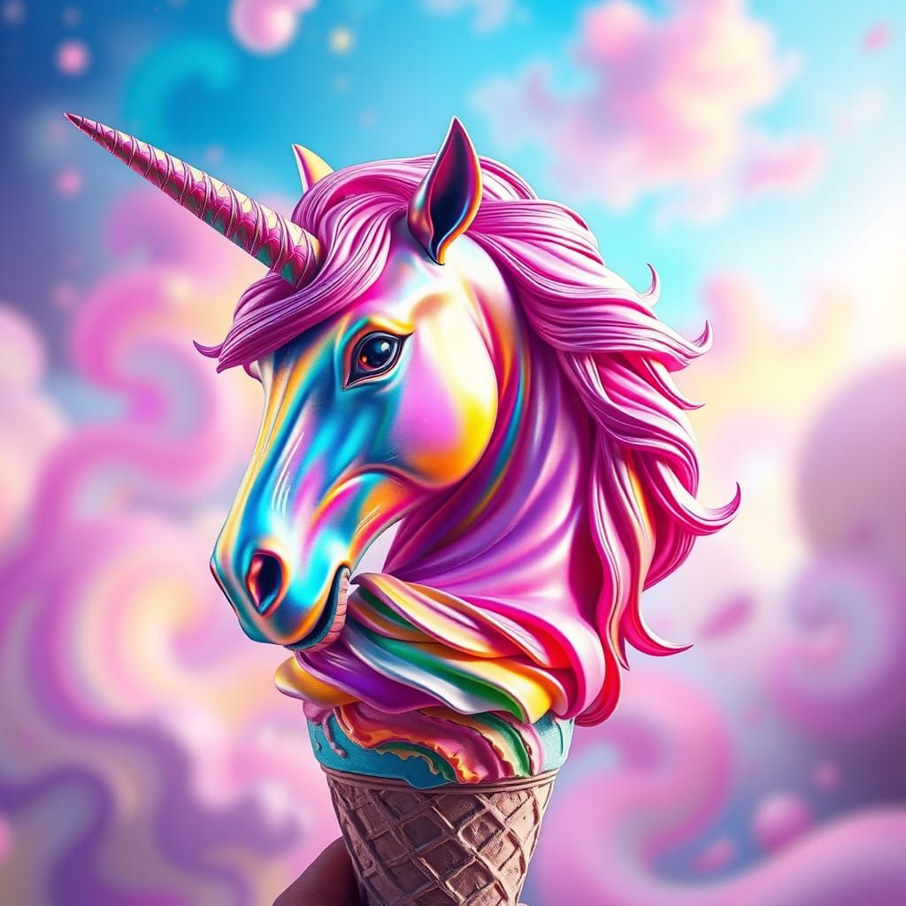 Iridescent Unicorn Emerges from Colorful Ice Cream Cone