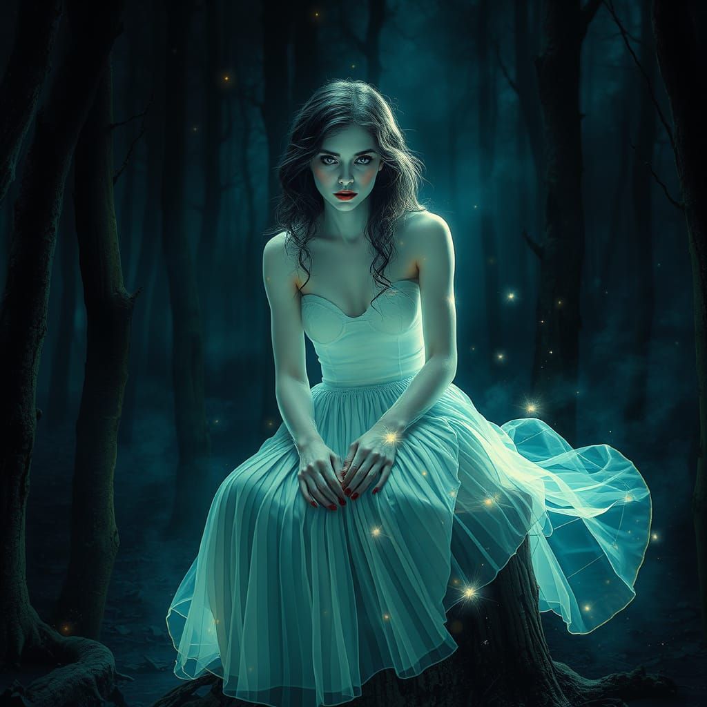 Translucent Ghost in Spooky Forest with Shimmering Lights