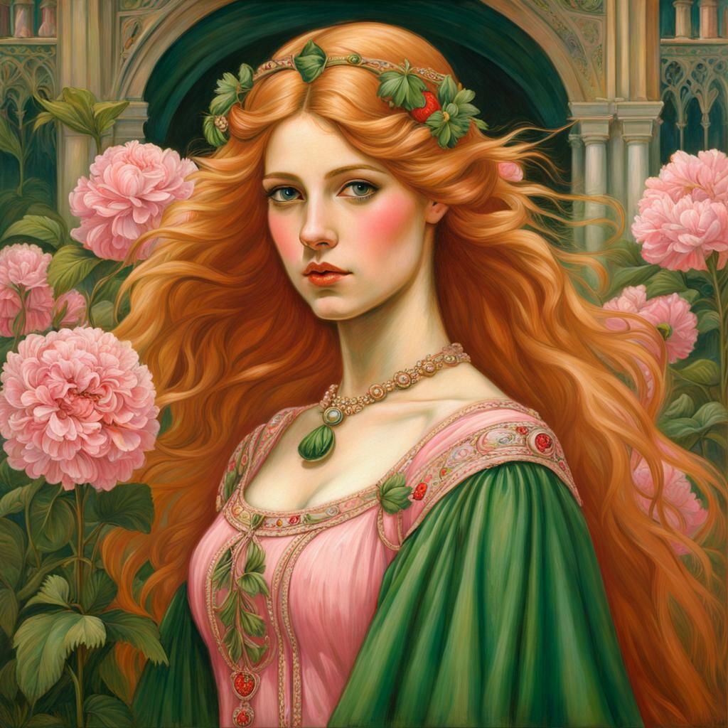 Medieval Maiden in Garden, Waterhouse Style