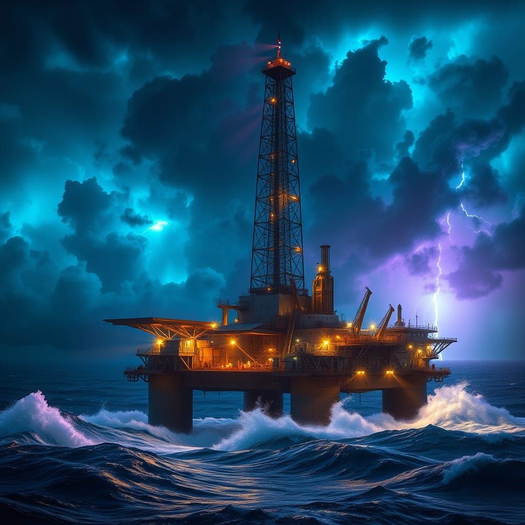 Colossal Oil Rig Endures Turbulent Stormy Seas