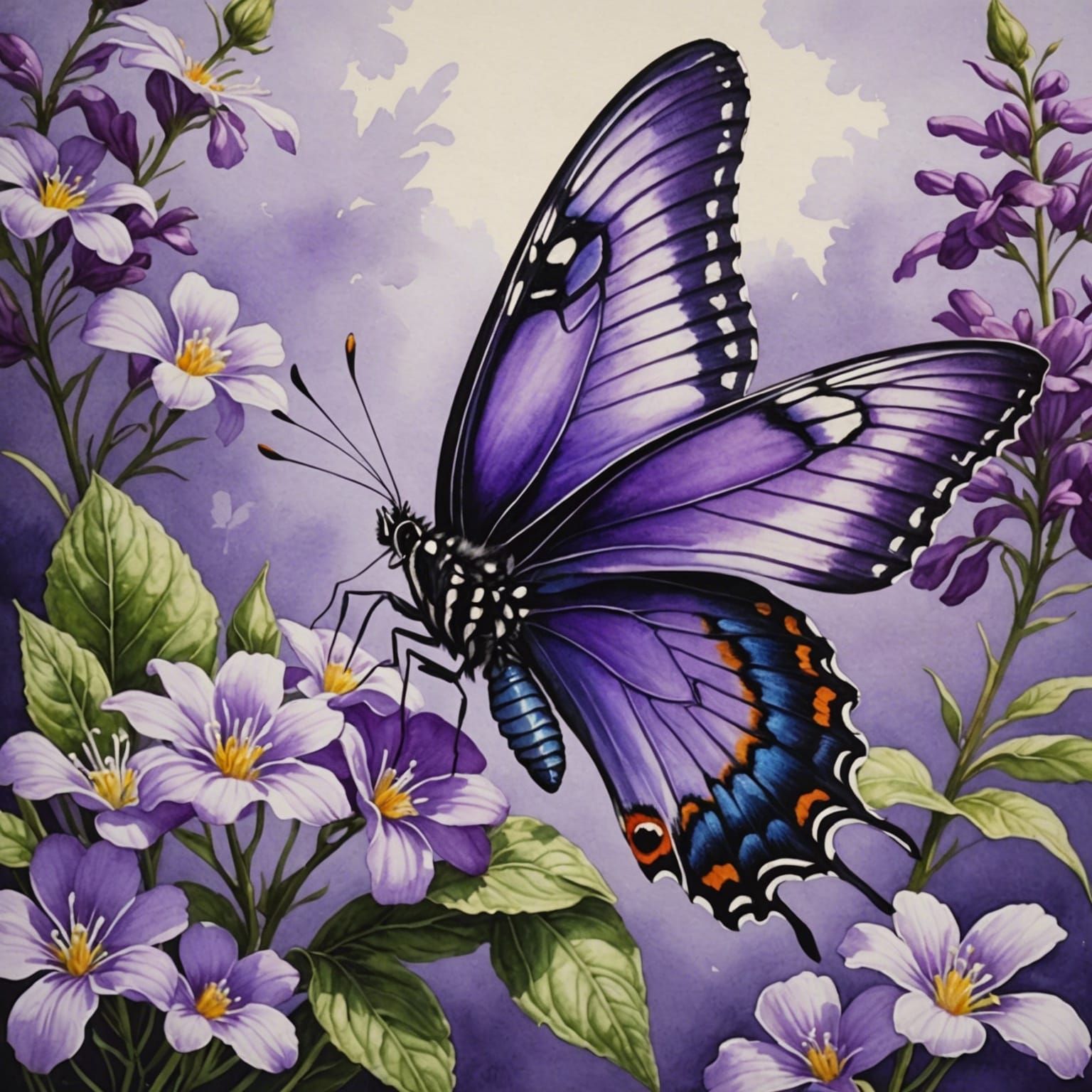 Purple Butterfly on Violet: Gouache Watercolor Painting