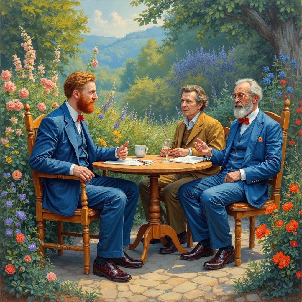 Art Giants Chatting in an Impressionist Garden
