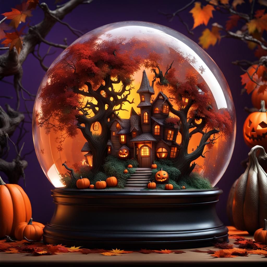 Halloween City in Snow Globe, Hyperrealistic Style
