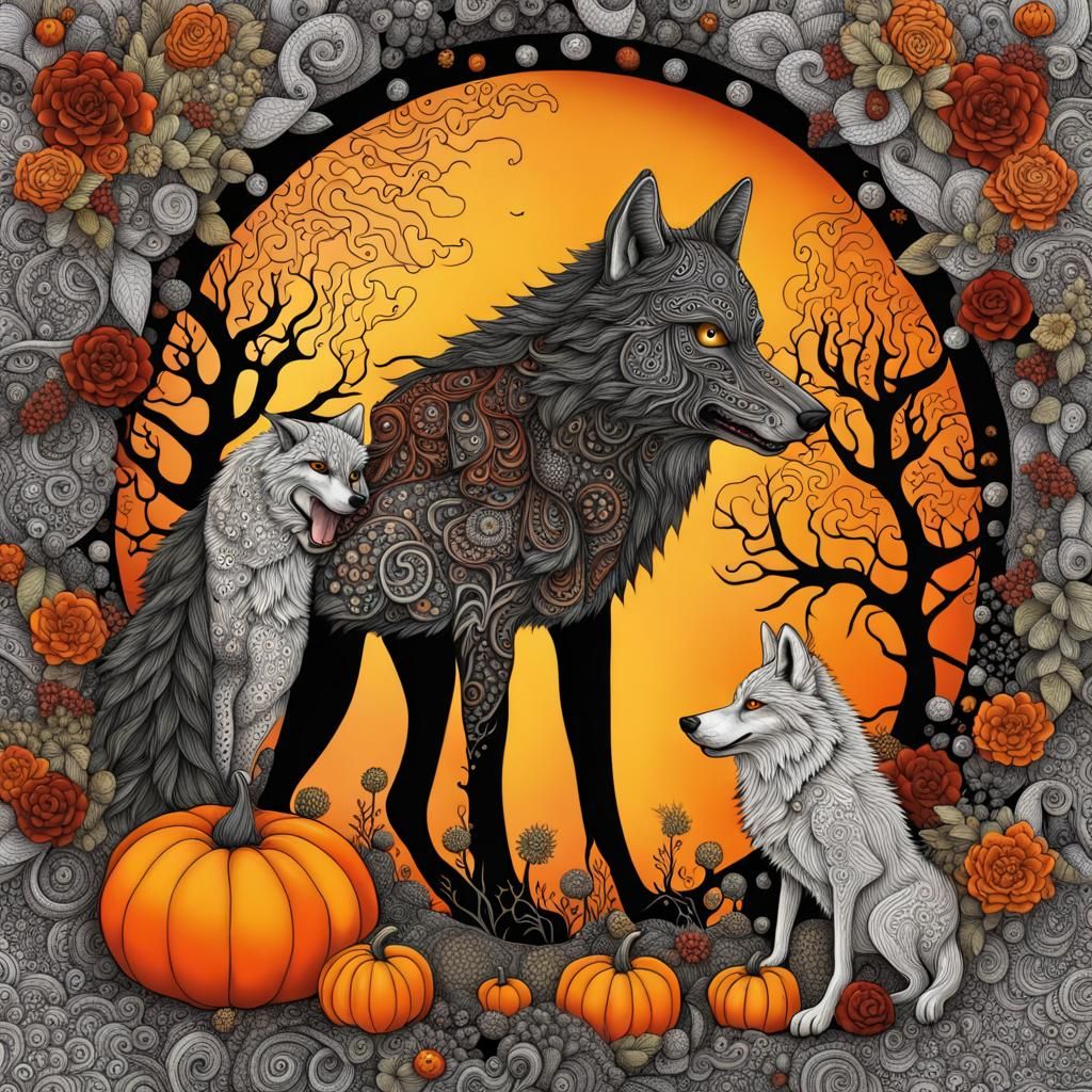 Halloween Wolf Family in Abstract Pointillism