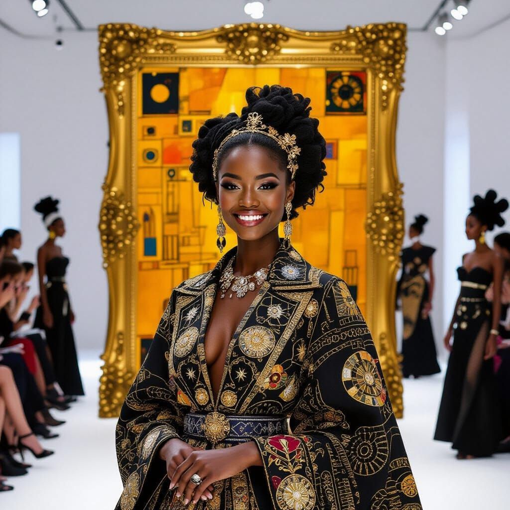 Elegant Dark-Skinned Woman in Ornate Klimt-Inspired Frame