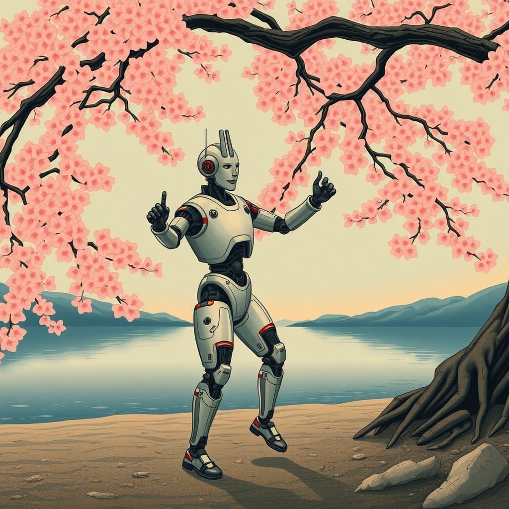 Robot Dances Under Cherry Blossoms: Ukiyo-e Style