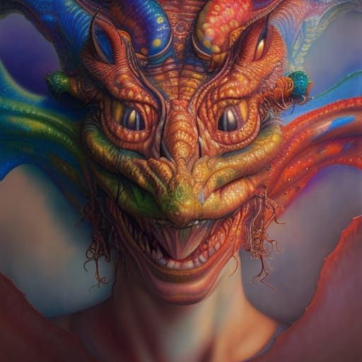 Psychedelic Dragon Portrait in Watercolour Photoillustration...