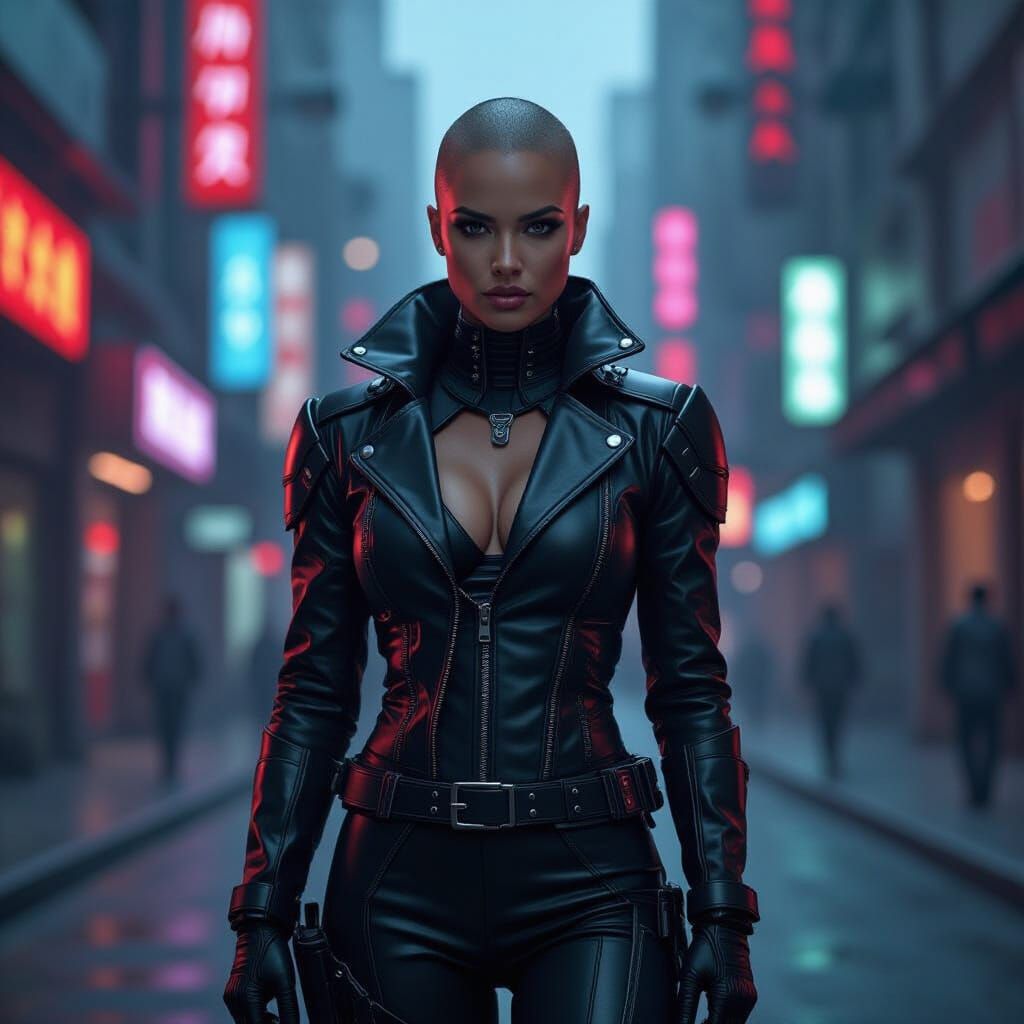 Cyberpunk Amazon Warrior in Neon Cityscape
