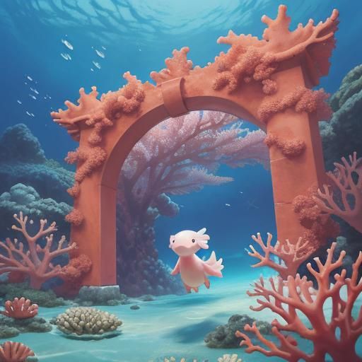 Axolotl Swimming Through Coral Archway in Anime Style
