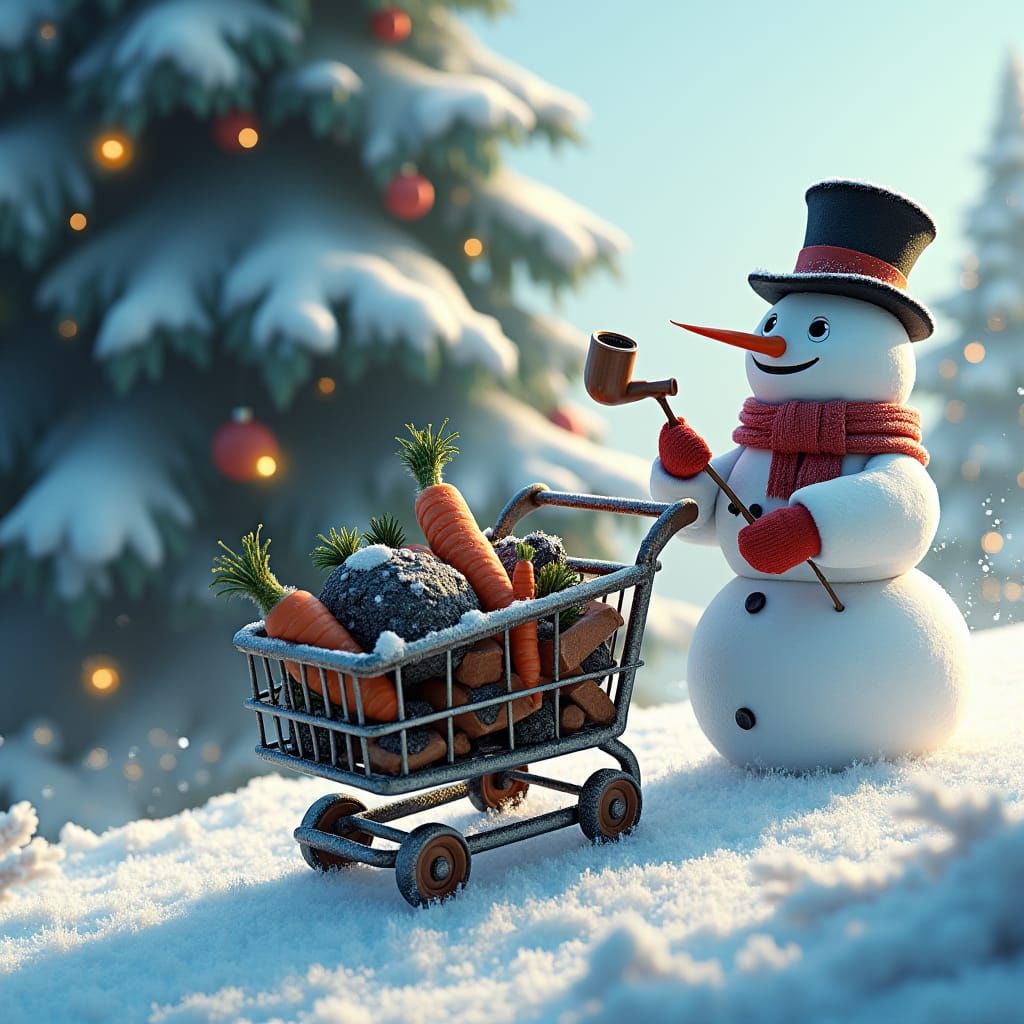 Whimsical Snowman's Runaway Cart on Snowy Hill