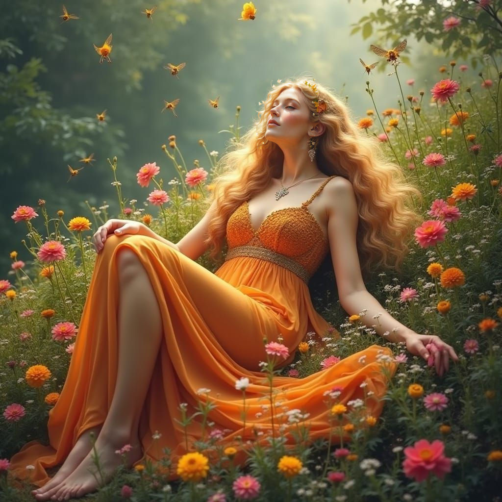 Goddess Freya Basks in Vibrant Floral Paradise