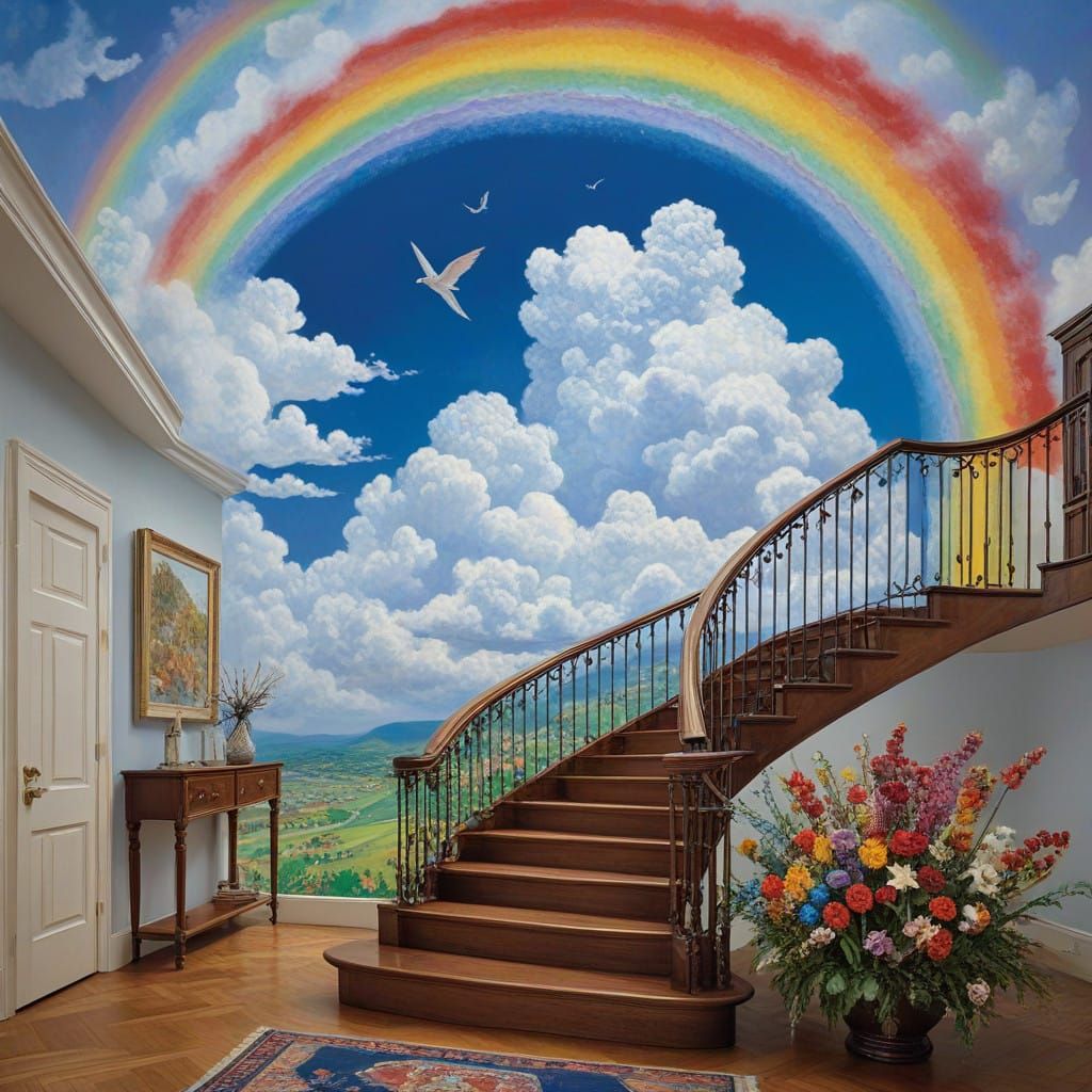 Whimsical Staircase Rises to Rainbow-Adorned Heavens