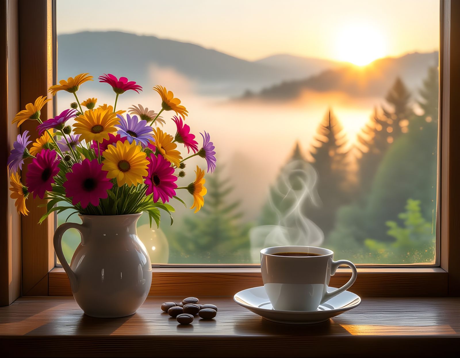 Summer Flowers and Coffee in August Morning Light