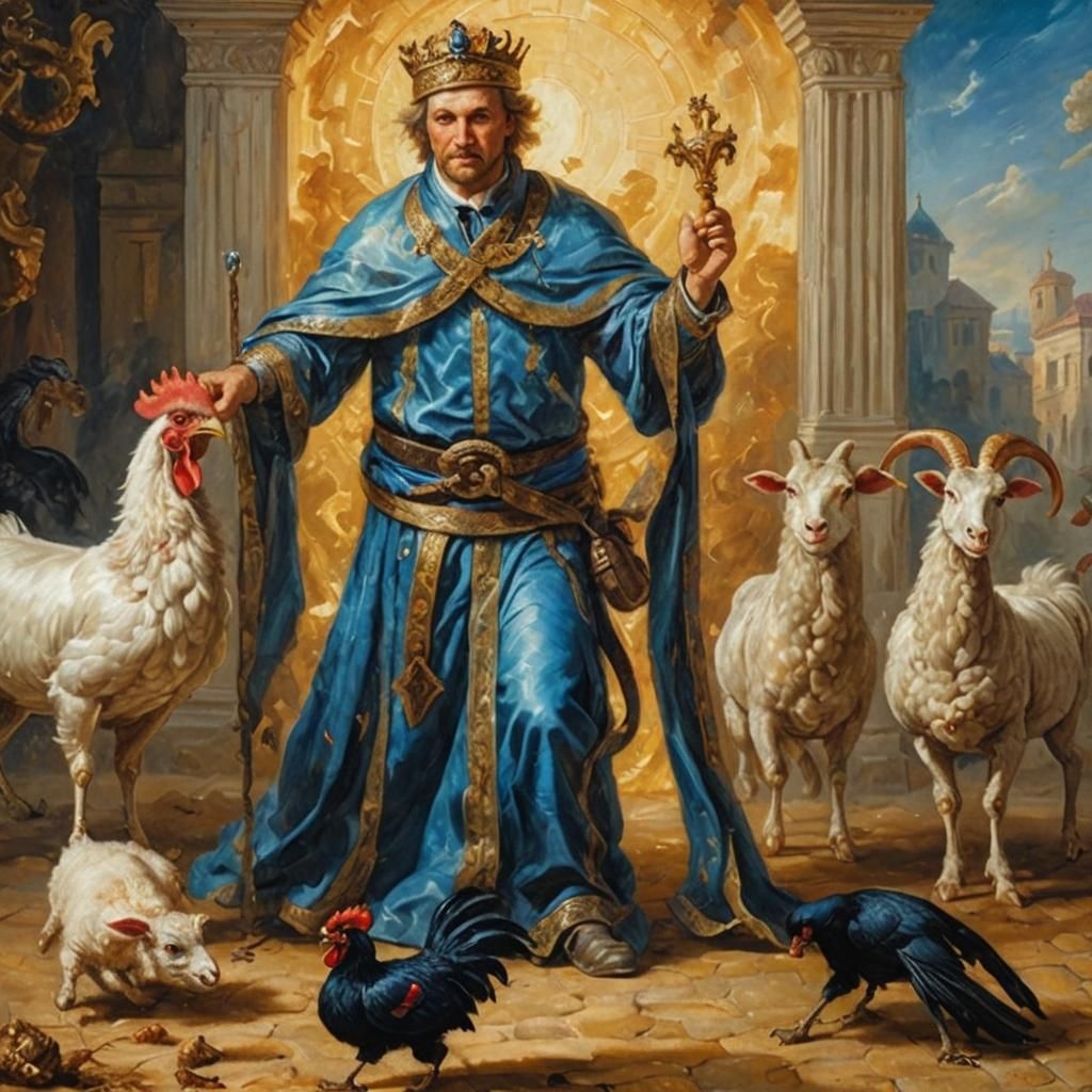 Baroque Painting: Man, Snake, Rooster, and Lamb