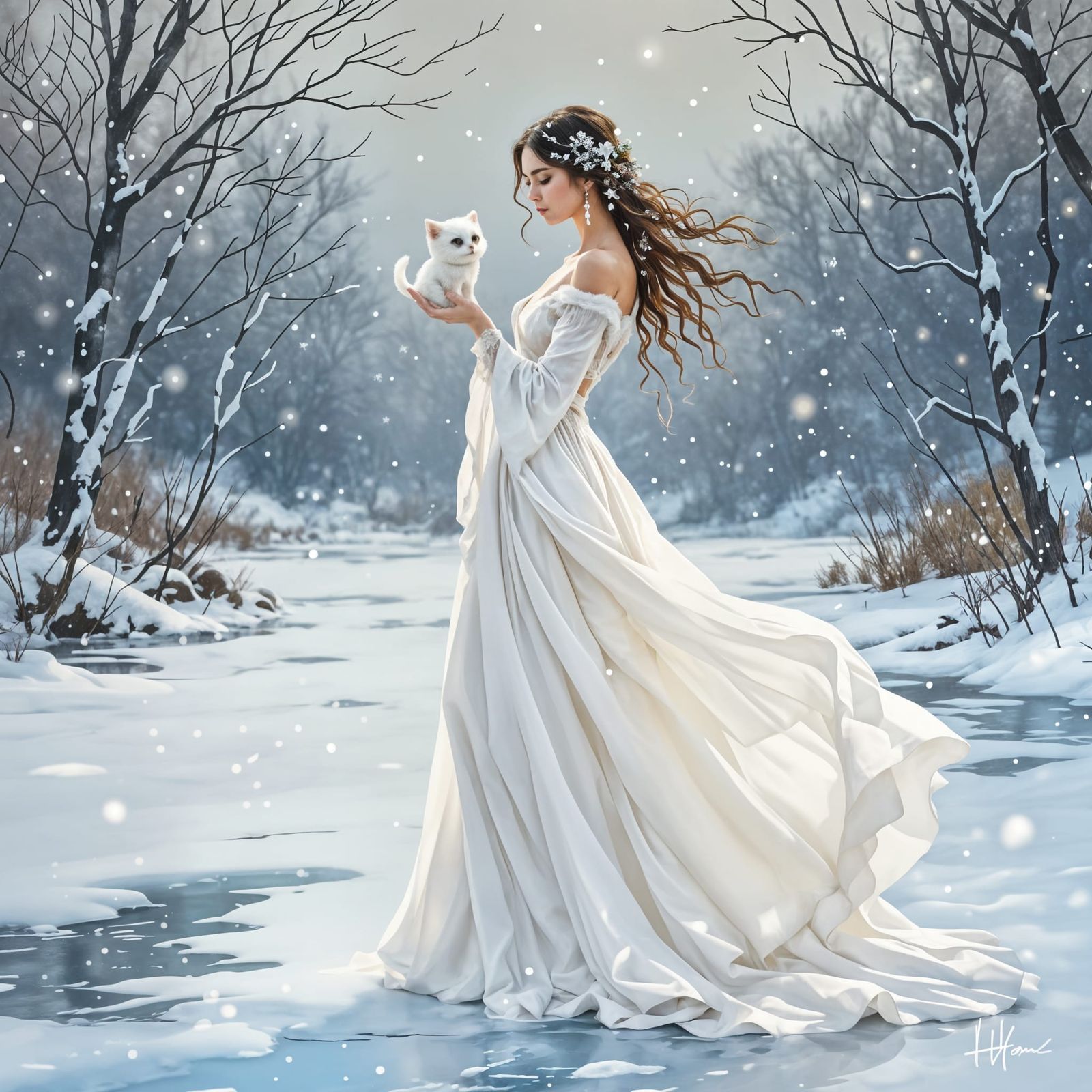 Ice Princess Befriends White Kitten in Snowy Blizzard