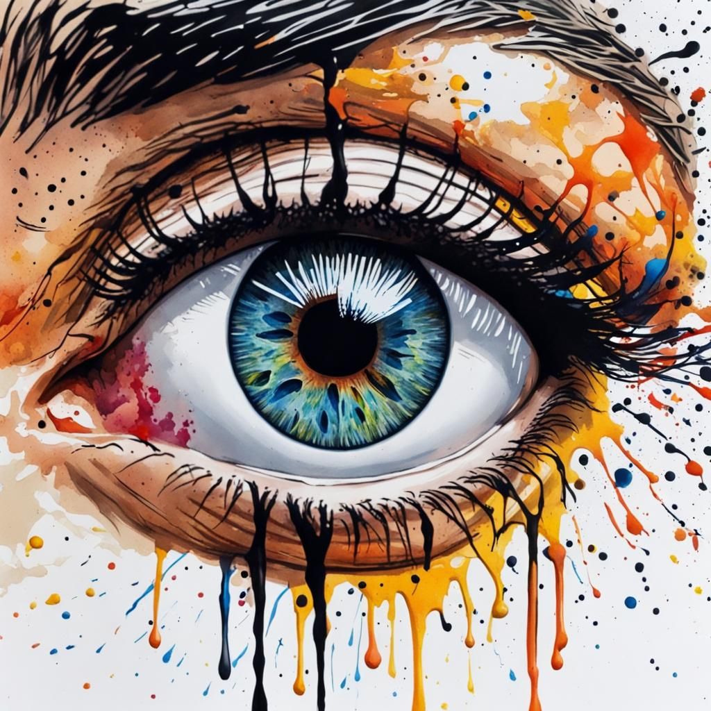 Eye with Ink Splatter Effect as Gouache Painting