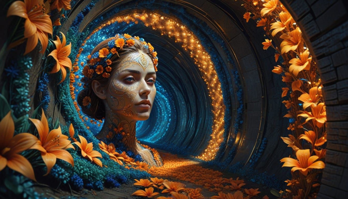 Fractal Tunnel with Floral and Woman Face Patterns