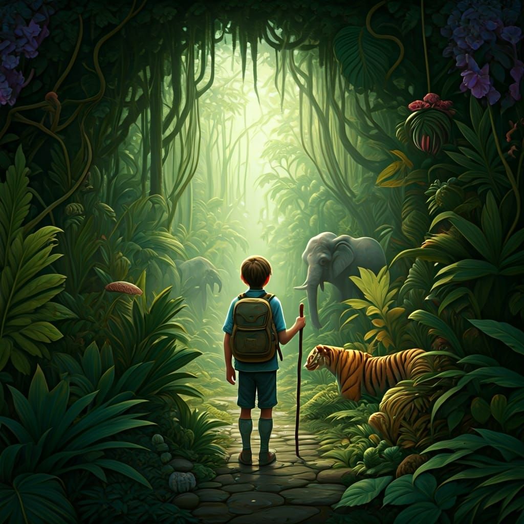 Boy's Backyard Jungle Dream in Art Nouveau Style