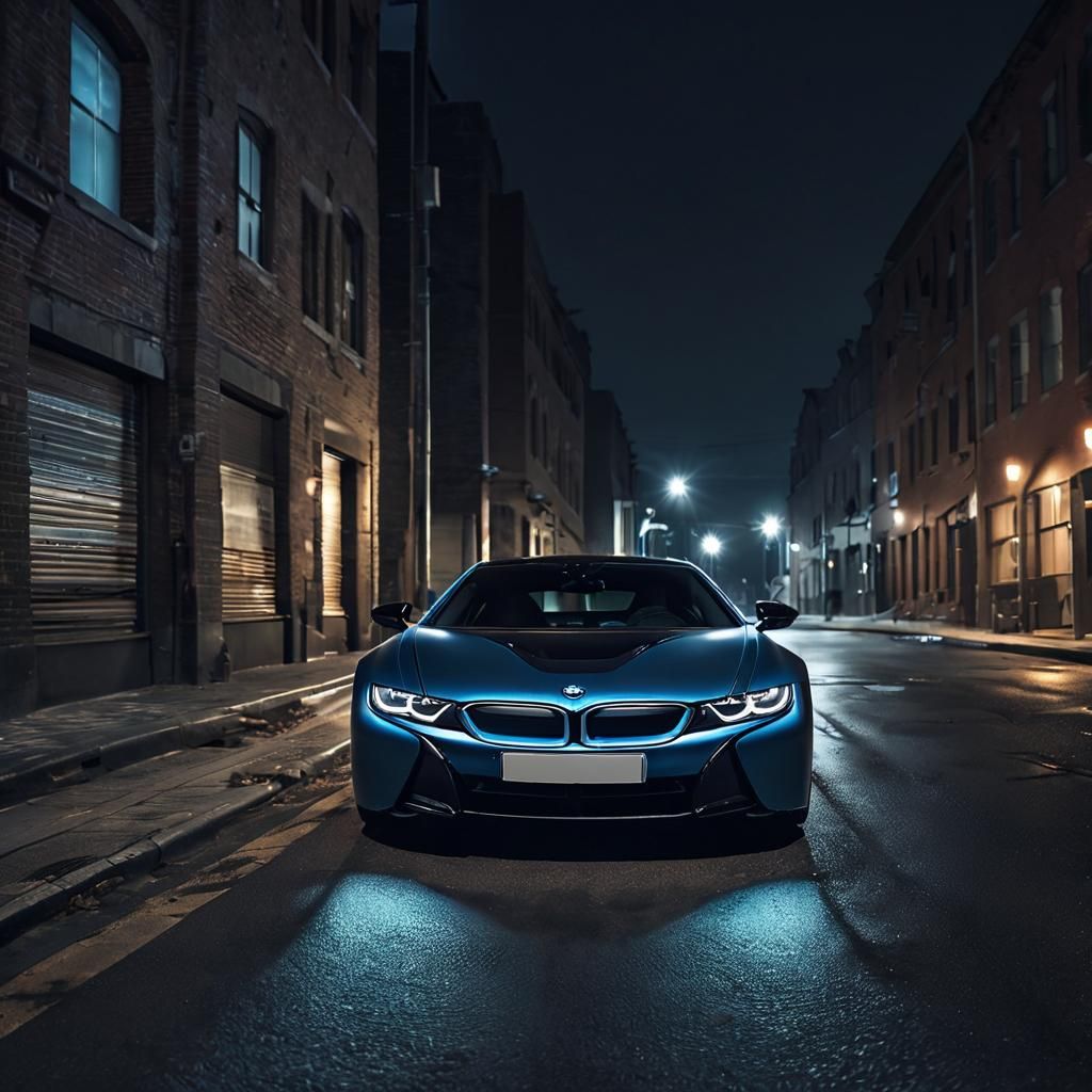A stunning black and blue bmw i8 with blue rims, spoiler and headlights with blue underglow