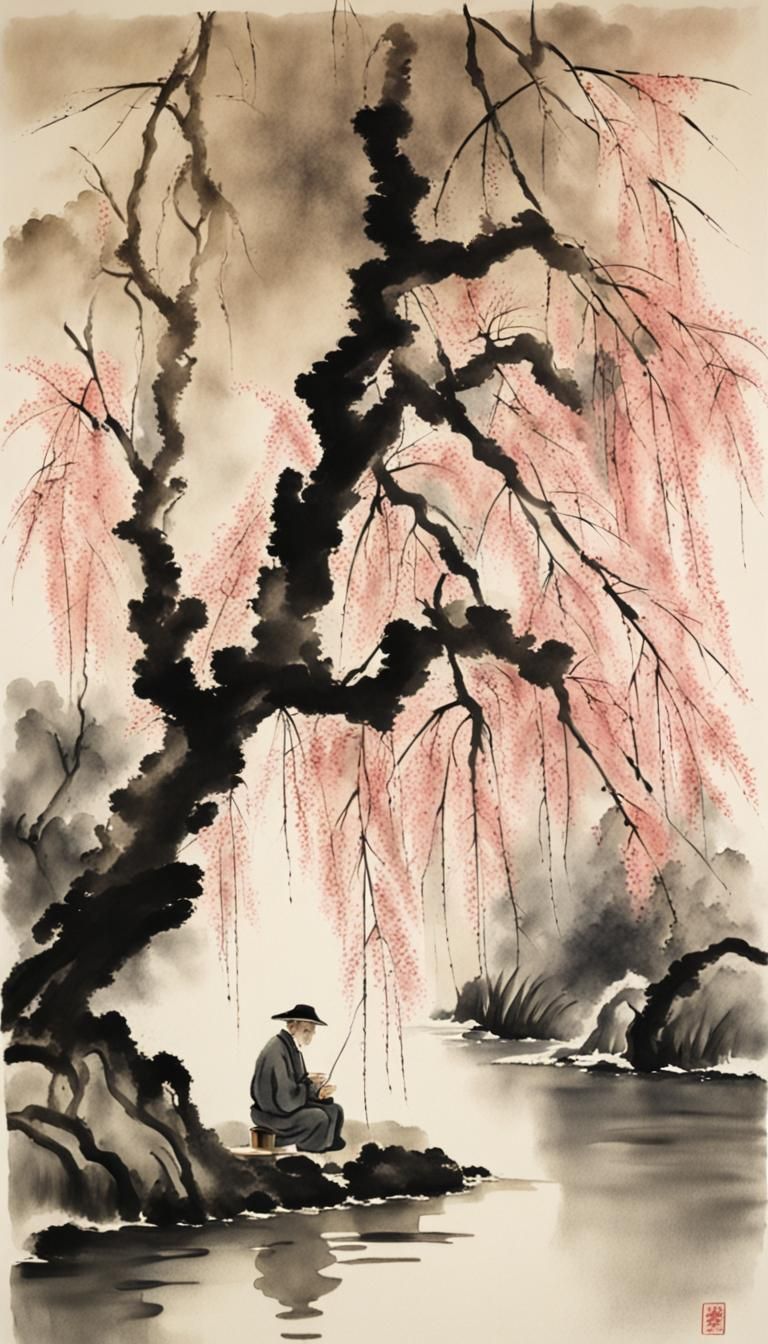 Peaceful Sumi-e Painting of Cherry Trees