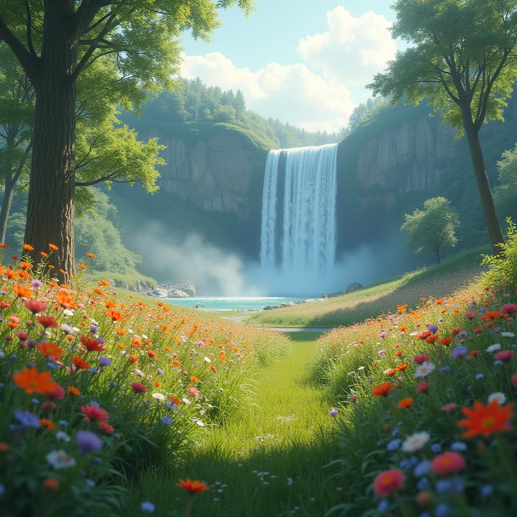 Vibrant Meadow with Waterfall, Digital Art