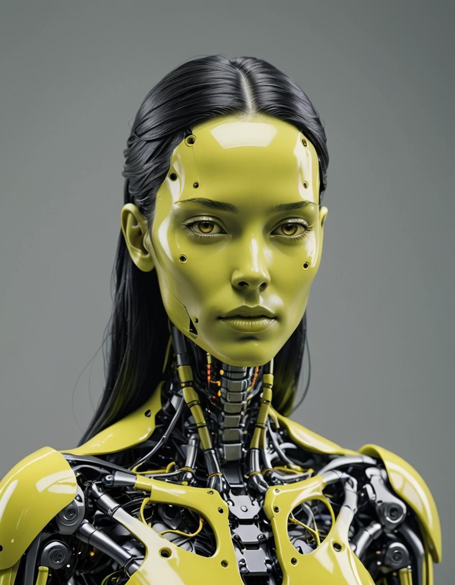 female android, neon yellow and black, graceful sculptures