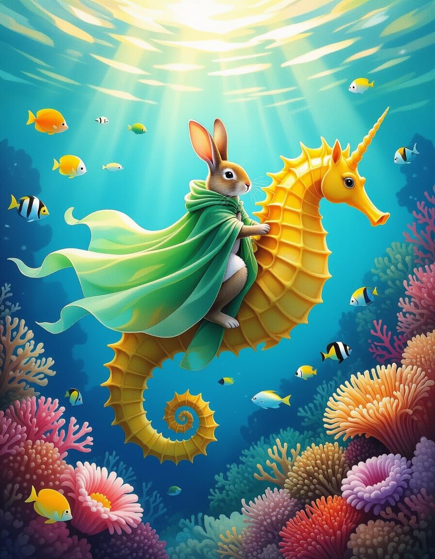 Rabbit Rides Seahorse Through Coral Reef, Impressionistic St...