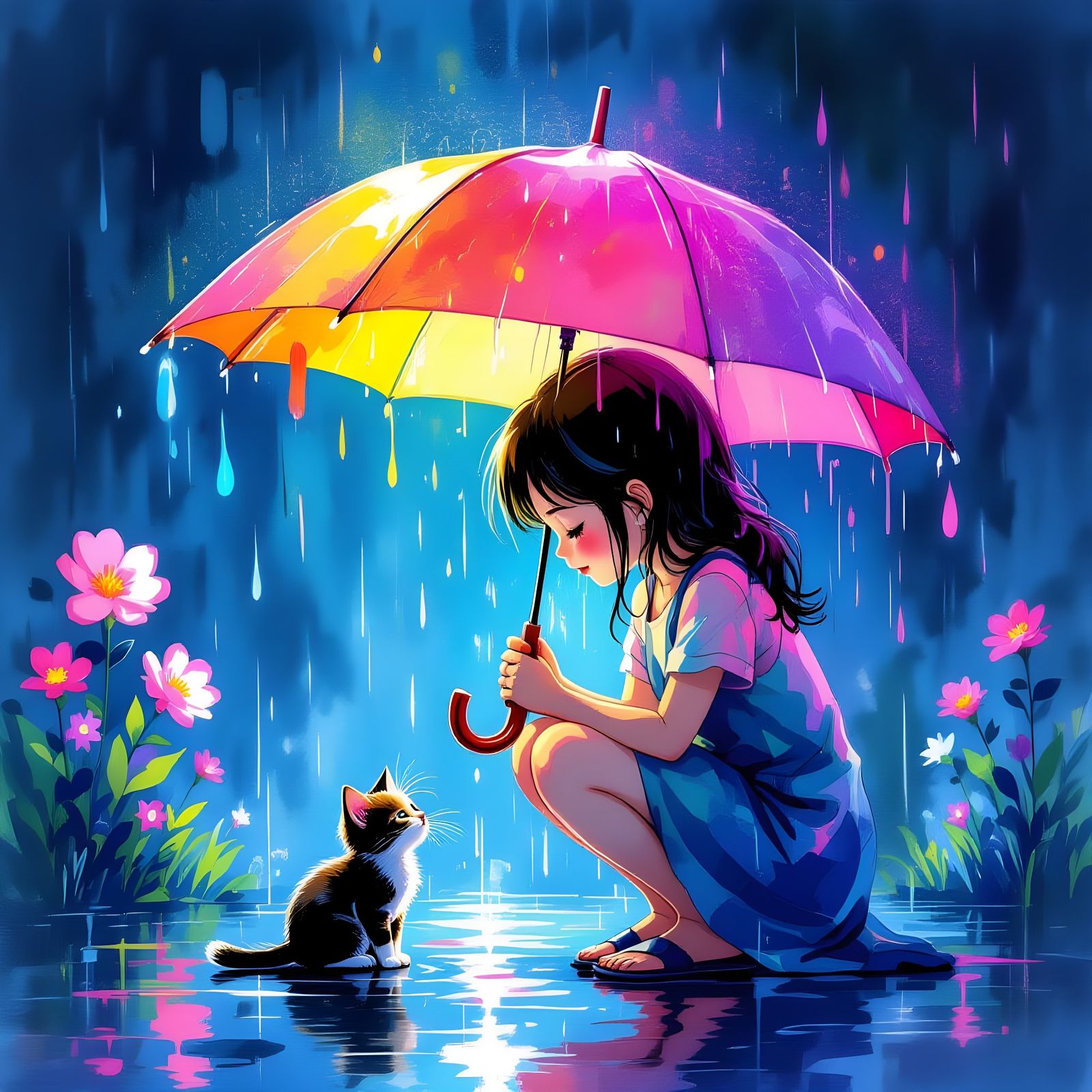 Kind Girl Shelters Kitten Under Umbrella in Neon Glow Oil Pa...