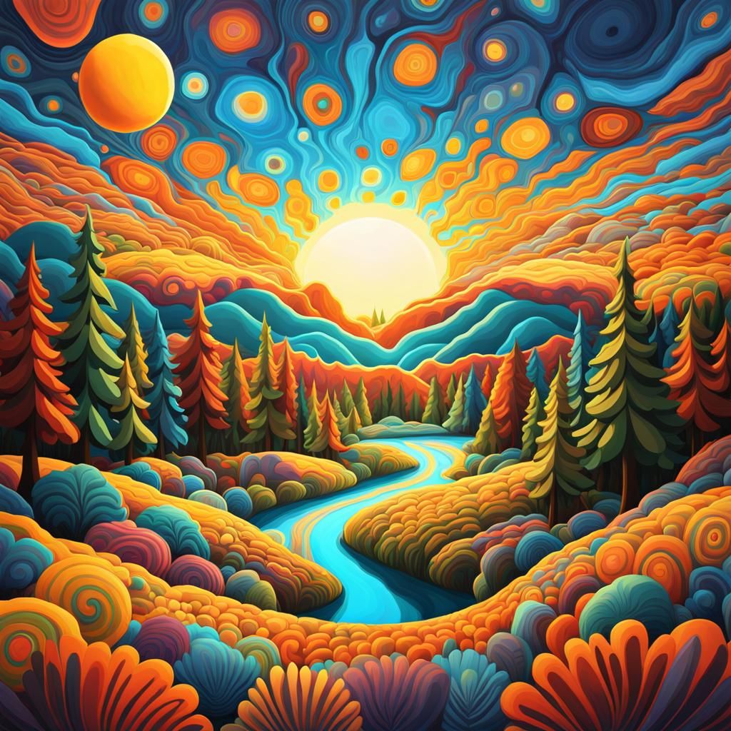 Smiling Sun over Coniferous Forest in Psychedelic Style