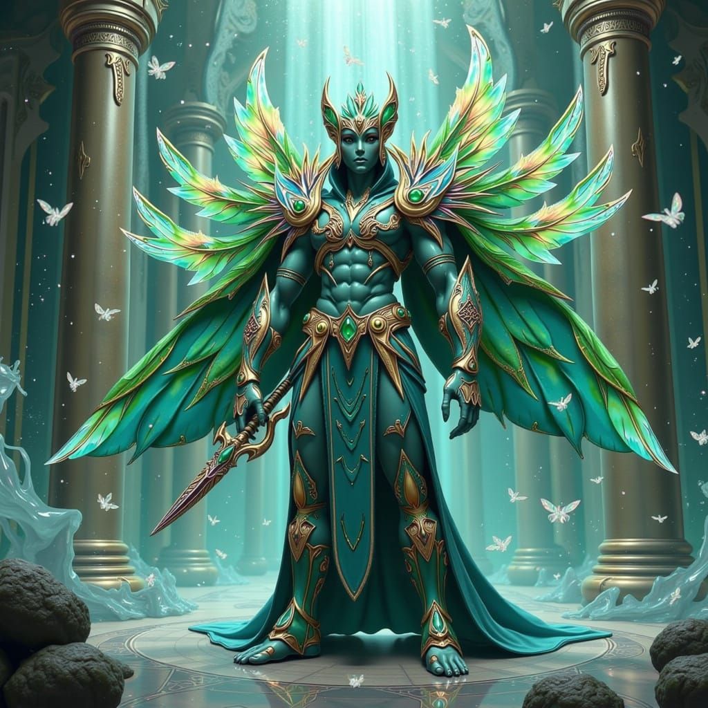 Majestic Quetzalcóatl Warrior in Turquoise and Emerald Armor
