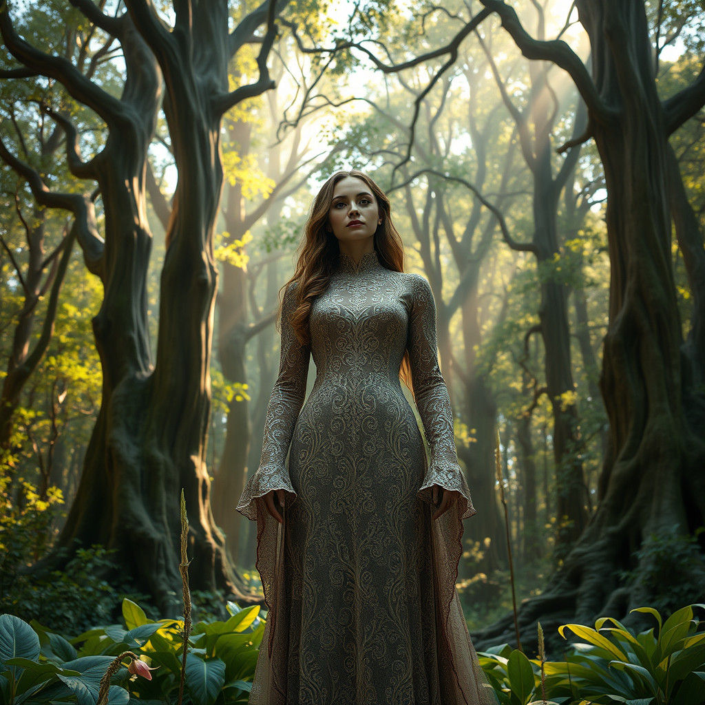 Woman in Forest Gown: Hyperrealistic Fantasy Art