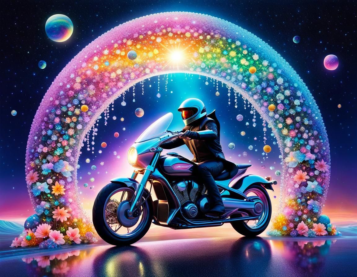 Wizard on Motorcycle in Surreal Pointillist Dreamscape