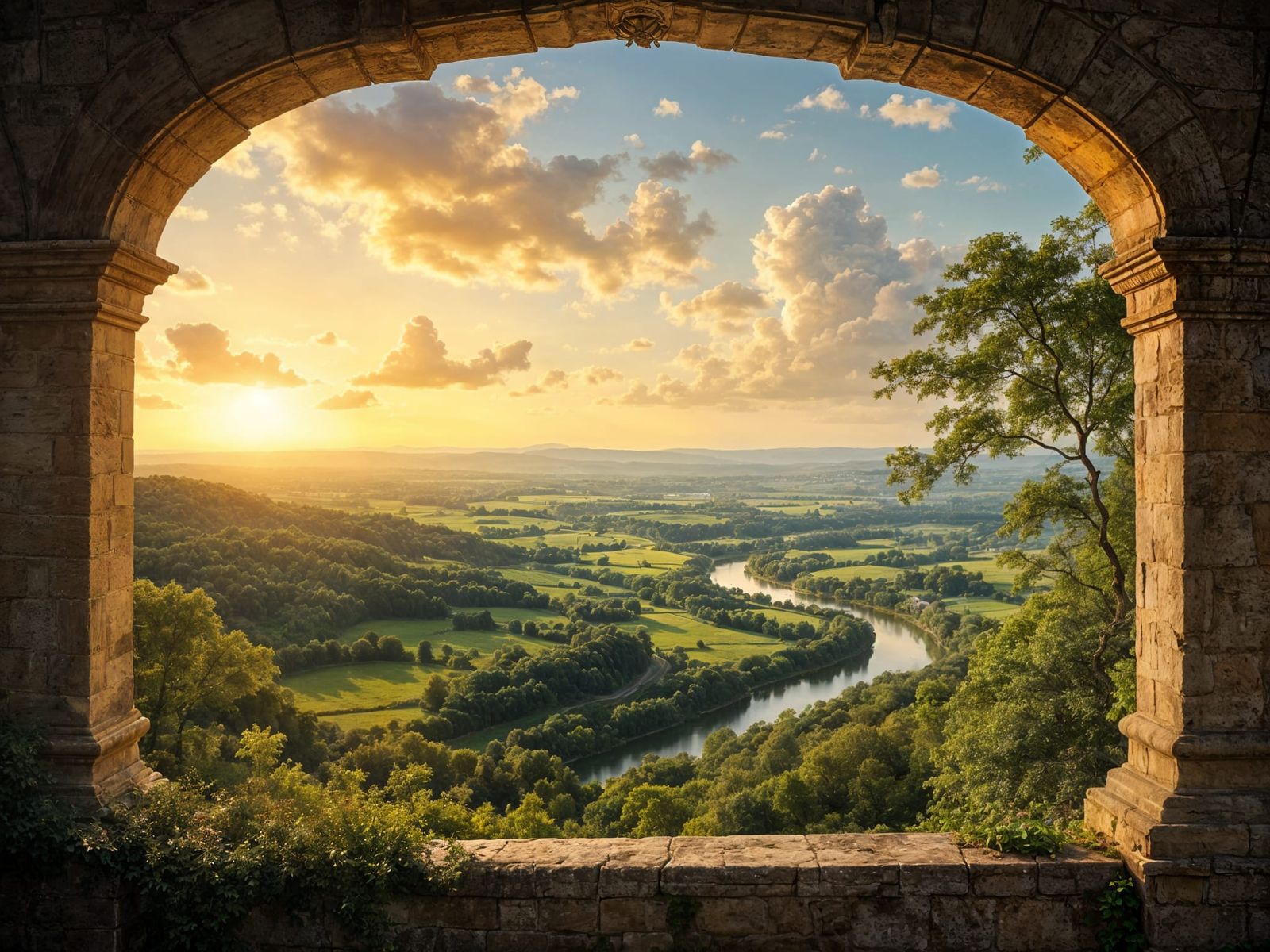 Surreal Dordogne Valley at Sunset as Renaissance Masterpiece