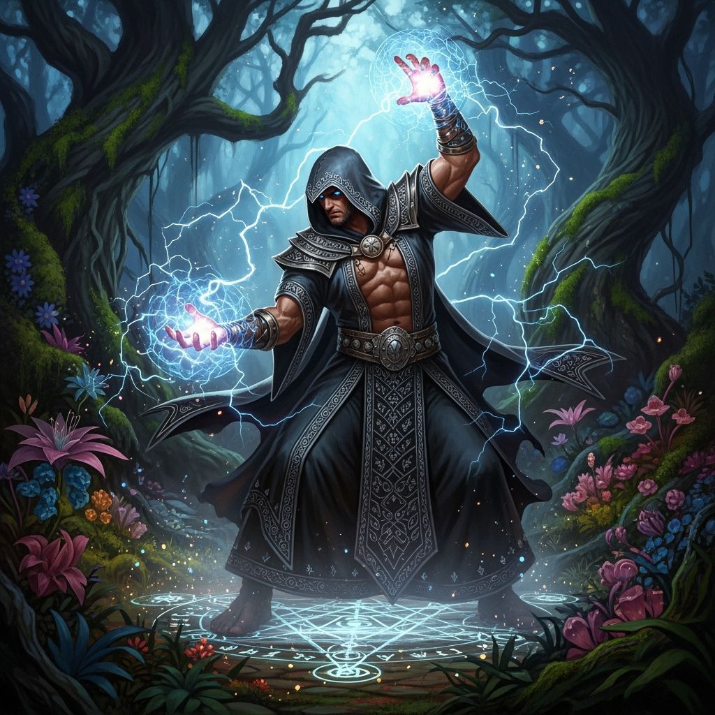 Enchanted Sorcerer Casting Spell in Art Nouveau Style