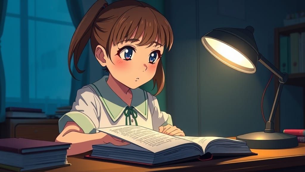 Anime School Girl Studying Bible by Lamplight