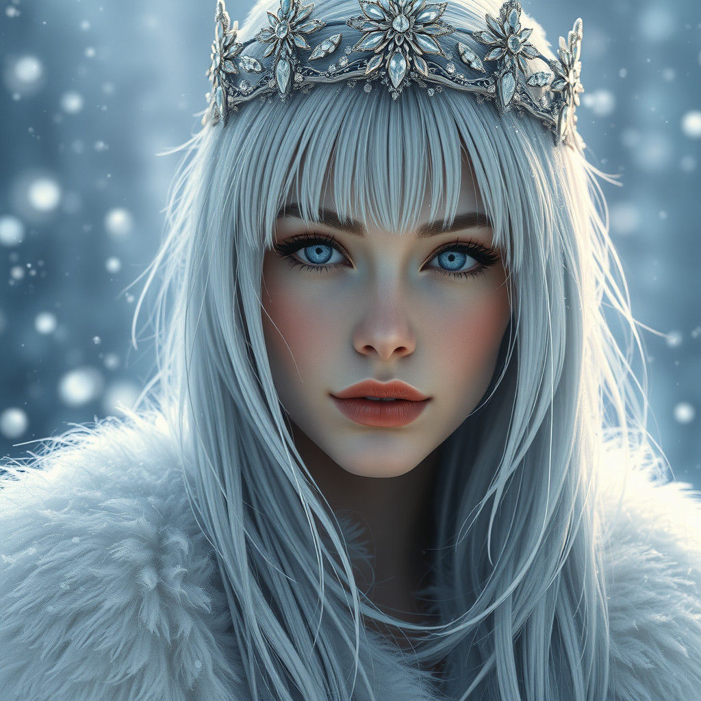 Snow Queen Portrait in Blizzard, Photorealistic Digital Art
