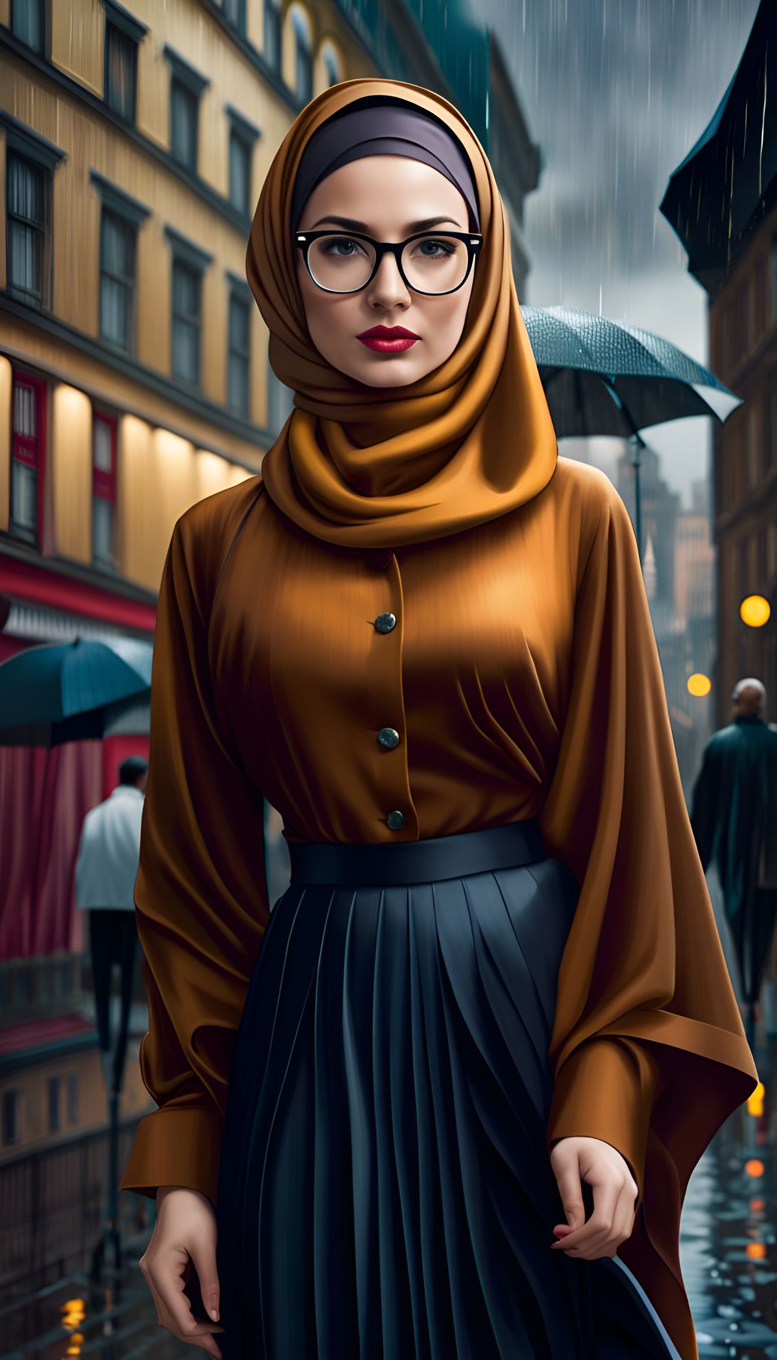 Confident Woman in Hijab Walking in Rainy City