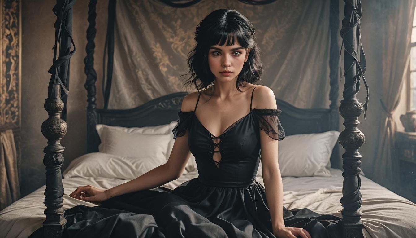 Fantasy Art: Black-Haired Woman Bound on Bed