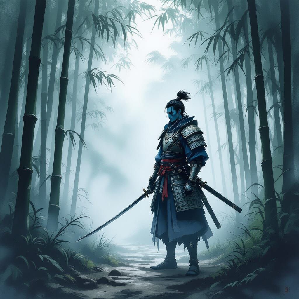 Alien Hybrid Samurai in Misty Bamboo Forest, Sumi-e Style