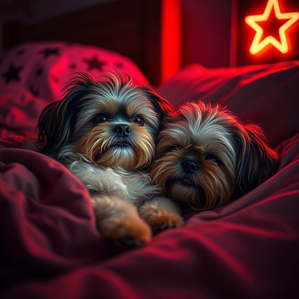 Majestic Shih Tzu Snuggles Under Neon Lights