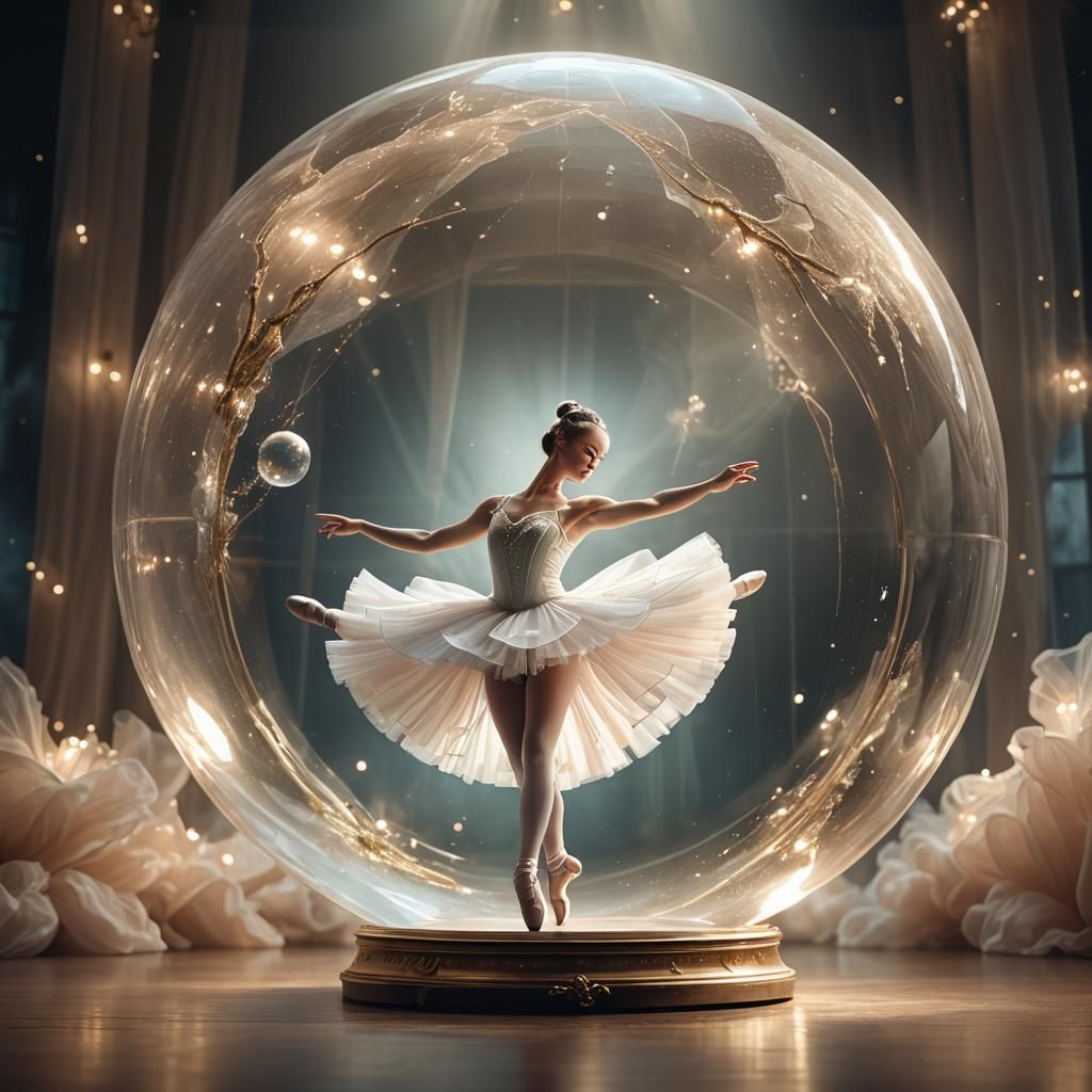 Ballerina Performing in Glass Globe: Whimsical Digital Art