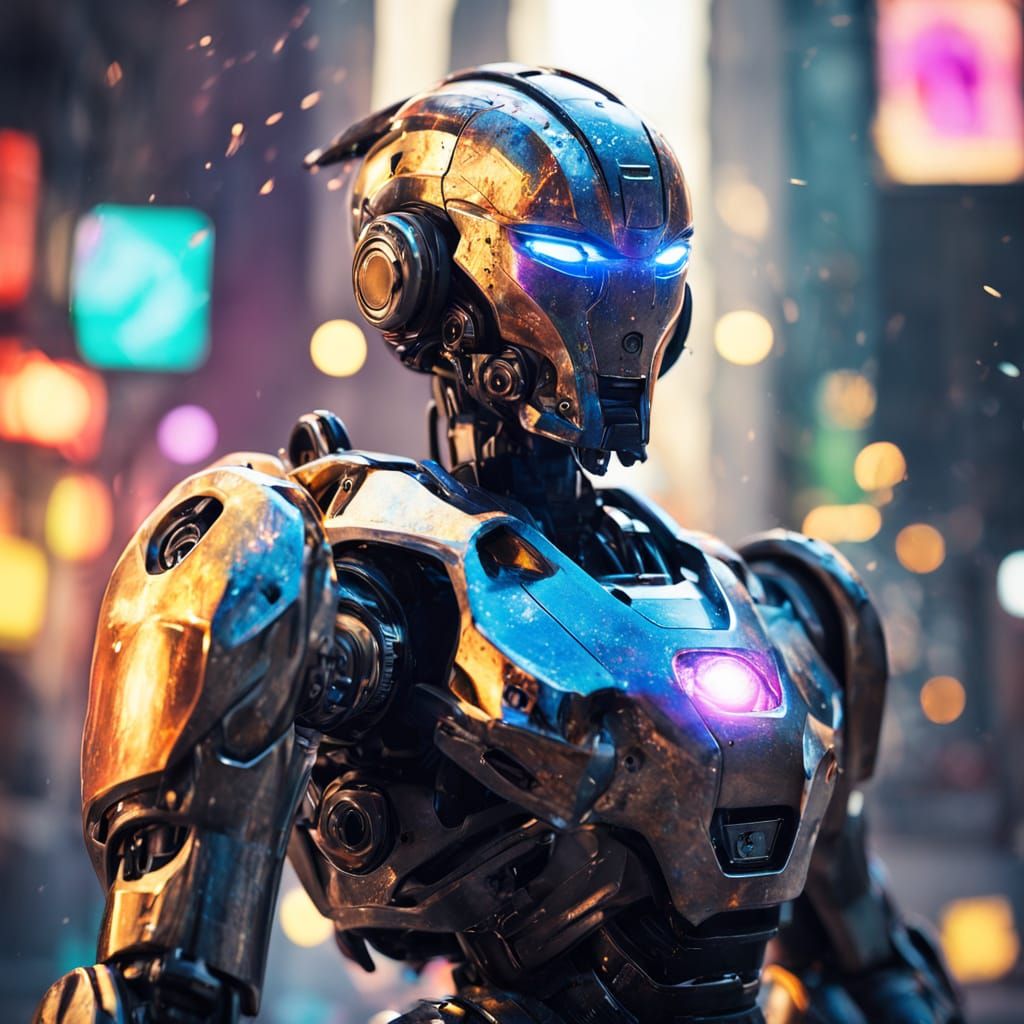 Ethereal Biopunk Robot Amidst Vortex of Color